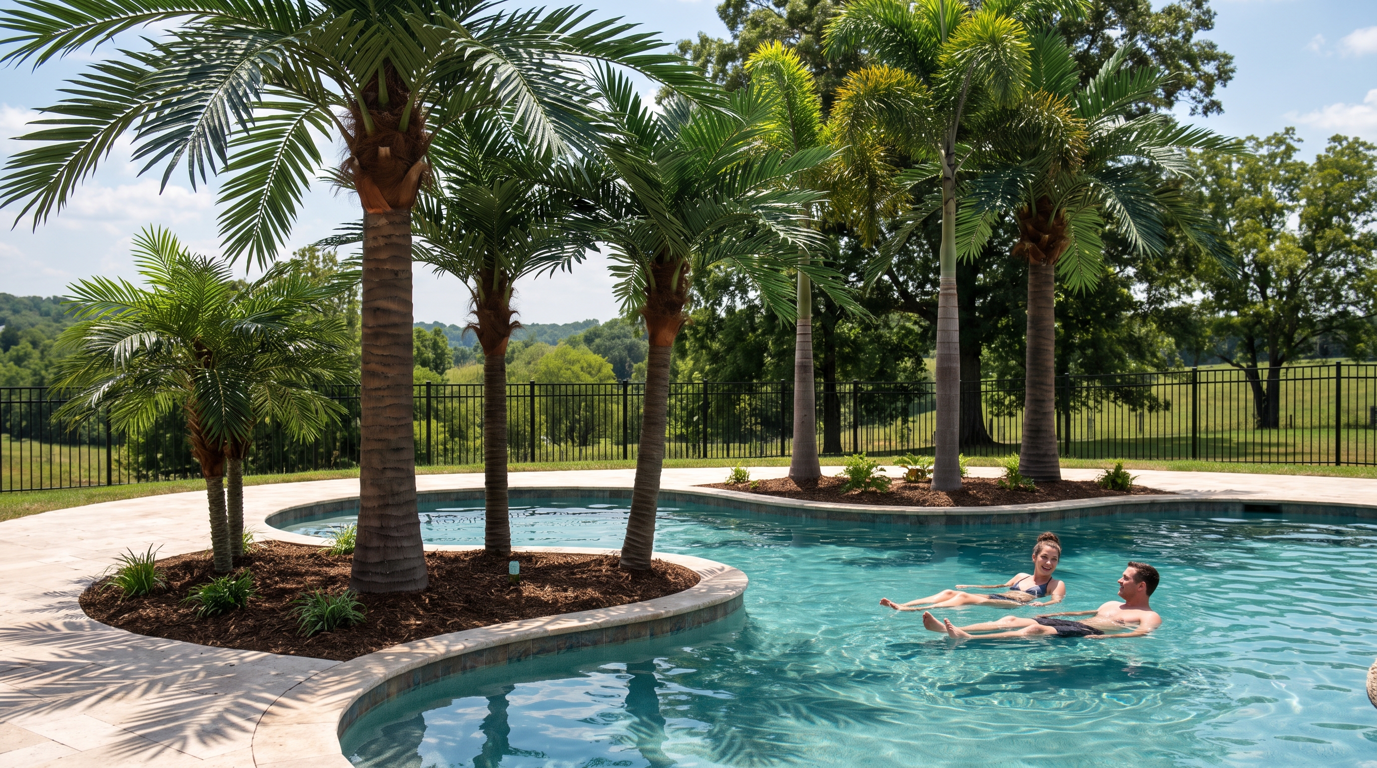 Couple floating in a backyard pool ringed by tall artificial palm trees in Middle Tennessee